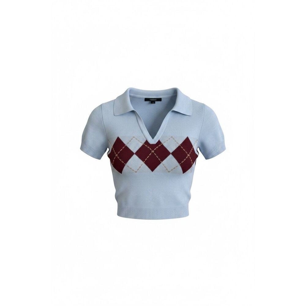 Forever 21 NWOT Argyle Collared Short Sleeve Knit Crop Top Blue Brown Size Small